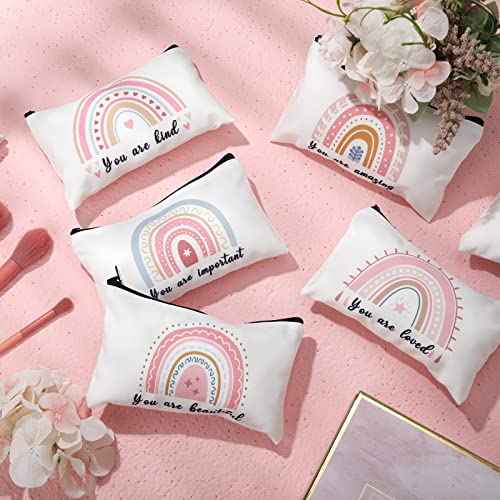Yahenda 16 Pcs Rainbow Canvas Makeup Bags Bulk for Women Inspirational Zipper Pouch You Are Amazing Loved Beautiful Pencil Pouch Travel Toiletry Bag for Nurse Teacher Christmas Birthday Gifts
