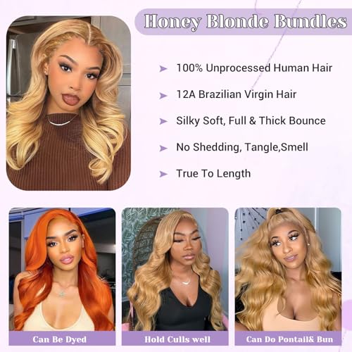 27# Honey Blonde Body Wave Bundles 100% Real Human Hair Bundles10 12 14 Inch For Quick Weave Double Weft Can Be Dyed and Restyled