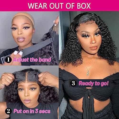 GOLFMAX Wear and Go Glueless Wigs Human Hair Pre Plucked Pre Cut Short Bob Wig Human Hair Wigs With Elastic Band For Black Women Deep Wave Curly 4x4 Closure Wig Water Wave Wigs 12 Inch