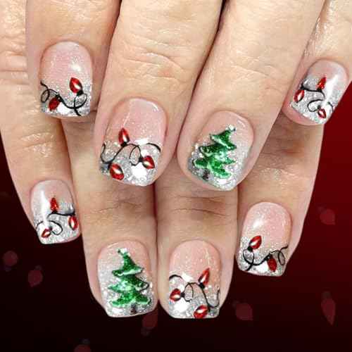 Christmas Press on Nails Lamp Fake Nails Silver Glitter French Tip False Nail with French Tip Design Xmas Tree Glue on Nails Acrylic Nail Glossy Full Cover Stick on Nail for Women Manicure 24Pcs