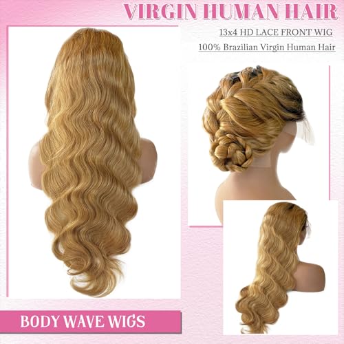 28 Inch Body Wave Lace Front Wigs Human Hair Pre Plucked Curly Wave Ombre 1B27 Glueless Wigs Human Hair 13x4 Color Natural Black to Honey Blonde Frontal Pre Plucked Real Human Hair Wig for Black Women