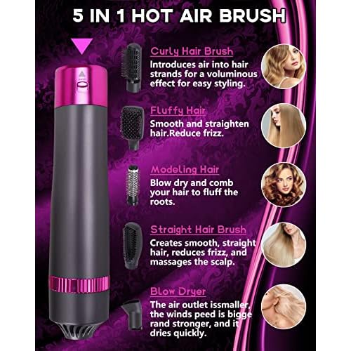 5 in 1 Hair Dryer Brush, Negative Ion Electric Hot Air Blow Dryer Brush Comb (black-red)