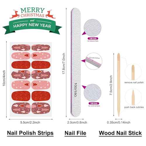 DANNEASY 24 Sheets Christmas Nail Wraps Cute Holiday Nail Polish Stickers Stick on Nail Polish Strips Self Adhesive Gel Fingernail Stickers Nails for Women with Nail File, Cuticle Stick