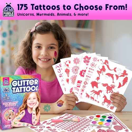 PURPLE LADYBUG 175-Piece No-Mess Temporary Glitter Tattoo Kit for Kids & Teens - Craft for Girls 8-12, Birthday Gift for Girls 6-12, Sleepover Kit, Shimmer Body Art, Halloween Party, Trick or Treat