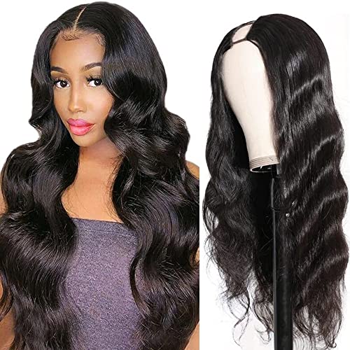 U Part Human Hair Wig Body Wave Drawstring Wig 180% Density U Part Wig Brazilian Virgin Human Hair wigs for Women Full Head Clip in Half Wigs Glueless No Leave Out Lace Front Wig Natural Color 14inch