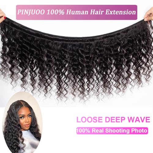 Loose Deep Wave Bundles with Closure 12 14 16+10 Inch 100% Unprocessed Virgin Brazilian Hair Bundles Wavy 3 Bundles and 4X4 HD Lace Closure Natural Color Hair Bundles with Closure
