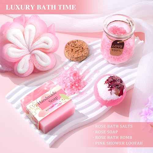 Birthday Gifts for Women, Happy Birthday Gifts Basket for Women Self Care Gift Get Well Soon Gifts, Rose Relaxing Spa Gift Basket with Beach Towel, Woman Birthday Gift for Sister Coworker Her Bestie