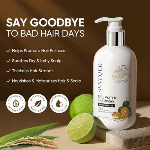 Svvimer Rice Water Hair Growth Shampoo - Biotin Thickening Shampoo for Hair Loss and Thinning - Sulfate Free for Women and Men 10 Fl Oz (Pack of 1)