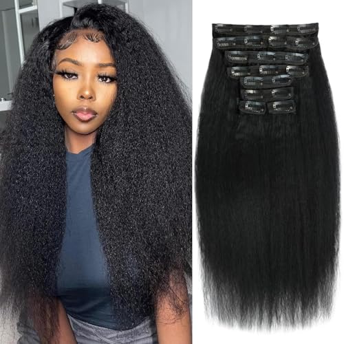 24 inch Kinky Straight Clip in Hair Extensions Real Human Hair Clip ins Yaki Full Head for Women Brazilian Human Hair Natural Black Color 8pcs 20 Clips 110g