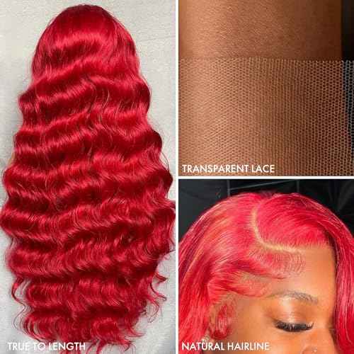 ELISHEVA Red Lace Front Wigs Human Hair Pre Plucked 30 Inch 16A 13x4 Red Wig Human Hair 200% Density Red HD Body Wave Lace Front Wigs Colored Glueless Frontal Wigs