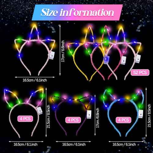 Xinnun 64 Pieces Light up Cat Ears Headband LED Bunny Glow in Dark Cat Ears Hairband Party Supplies for Women Adult Costume (Unicorn)