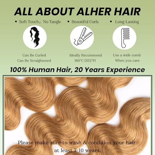 ALHER Color #27 Honey Blonde Single Bundle Body Wave 24 Inch, Blonde Bundles Human Hair Sew In Weave Wavy Bundles for Black Women, 12A 100% Unprocessed Brazilian Virgin Remy Hair Soft Thick