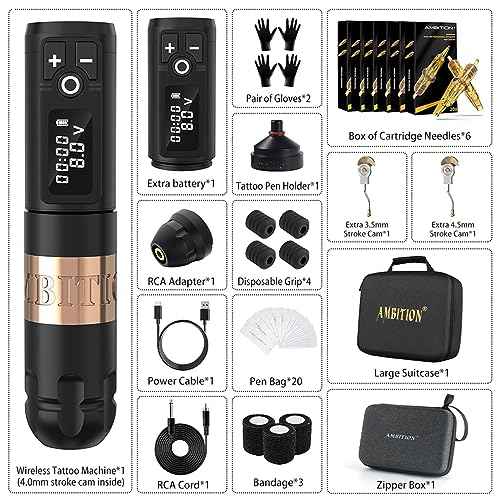 Ambition Soldier Tattoo Kit - Wireless Tattoo Machine Kit Complete Rotary Tattoo Gun with Extra 2400mah Power 120pcs Glory Mixed Size Cartridge Needles for Professional Tattoo Artists