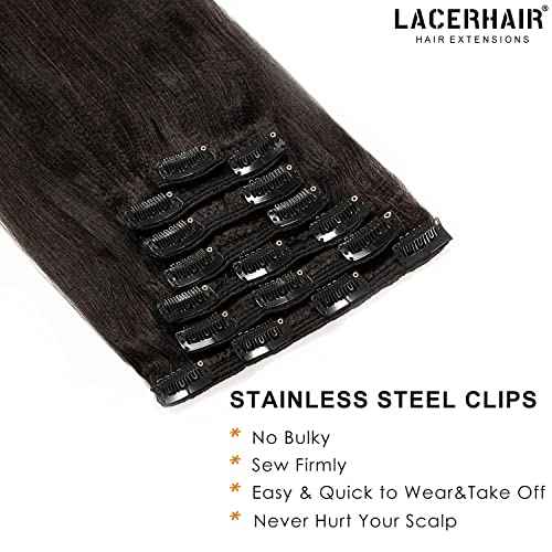 Lacer Light Yaki Straight Clip in Hair Extensions, Natural Black Color Remy Human Hair Clip in Extensions for Black Women Relaxed Hair 120G 7Pieces 12 inch