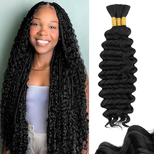 S-noilite Human Braiding Hair for Boho Braids 100% Unprocessed Brazilian Virgin Bulk Hair 3 Bundles/Pack 110g 24 Inch Deep Wave Bundles Human Hair for Bohemian Knotless Braids No Weft #1B