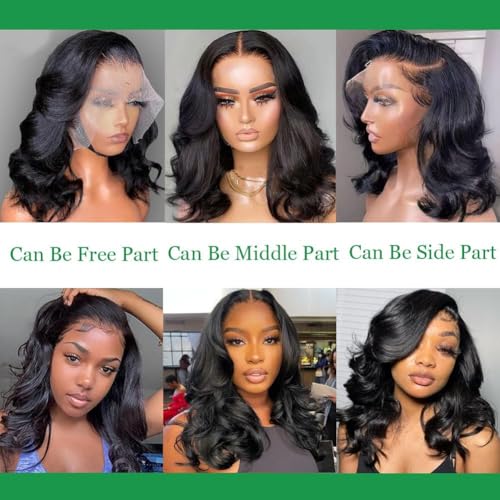 13x4 Body Wave Lace Front Wigs Human Hair 180 Density 16 Inch Lace Frontal Wigs Human Hair Pre Plucked HD Transparent Short Body Wave Wigs for Women Natural Black Color