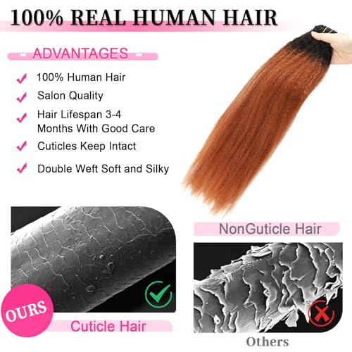 Kinky Straight Ombre Clip in Hair Extensions Real Human Hair Natural Black to Medium Auburn Kinky Straight Clip ins for Black Women Double Weft Hair Extensions 7Pcs 120g 18 Inch 1BT30