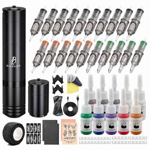 Tattoo Gun Kit-BIOMASER Wireless Tattoo kit Complete for beginners Rotary Tattoo Machine Set 20 Cartridge Needles,Extra tattoo battery Pack, Ink Set Tattoo Supplies
