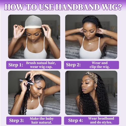 Headband Wig Human Hair Deep Wave 20 Inch Curly Headband Wigs for Black Women Glueless No Lace Half Wig Brazilian Virgin Hair Deep Curly Natural color