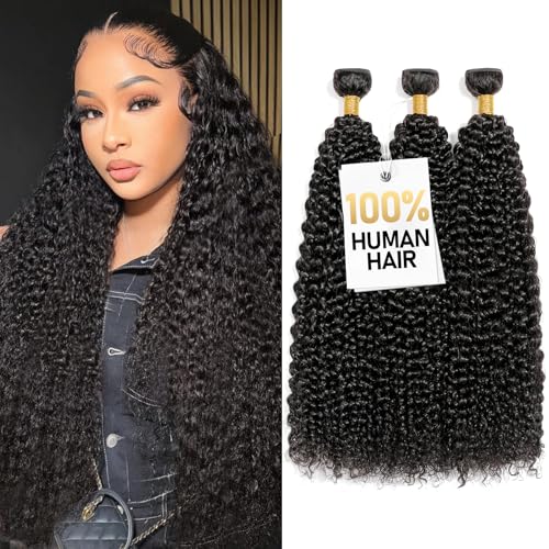 Kinky Curly Bundles Human Hair 10 12 14 Inch 3 Bundles Human Hair 300g 100% Unprocessed Brazilian Virgin Raw Hair Extensions Natural Black Weave Real Human Hair Bundles for Women
