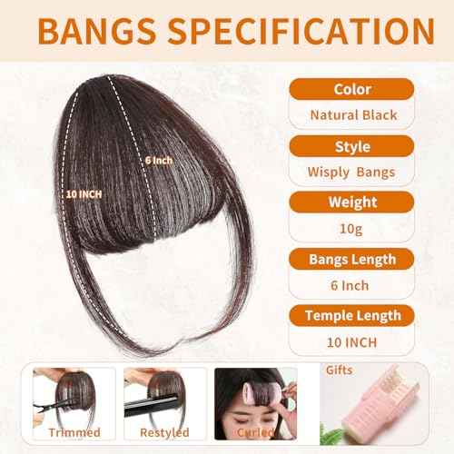 Clip in Bangs 100% Real Human Hair, Fake Bangs Hair Clip on Bang for Women, Dark Brown Wispy Bang Fringe with Temples Hairpieces Extensions for Daily Wear (Dark Brown, Wispy Bangs)