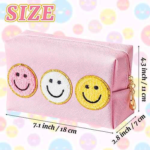 Preppy Smile Cosmetic Toiletry Bag - Pink Patch Varsity Makeup Bag with Zipper Aesthetic Waterproof Portable PU Leather Spring Travel Office Birthday Party Gifts for Women Teens