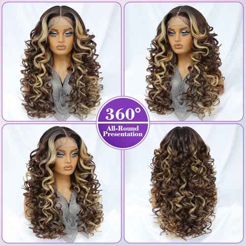 Felek Honey Blonde Wig Long Synthetic Loose Wave Lace Front Wigs for Black and White Women Ombre Brown 13x6 HD Transparent Lace Frontal Wigs Pre Plucked Wear and Go Glueless Curly Wig 24 inch P4/27