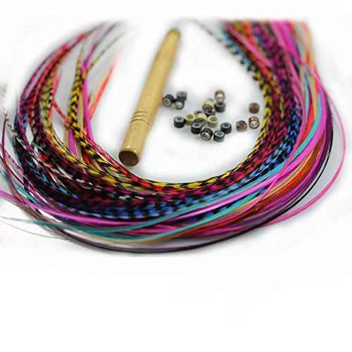 Feather Hair Extension ? 100% Real Rooster Grizzly and Solid Feathers, Rainbow Colors Individual Feathers, Ranging From 8 to 11 Inches in Length, Total of 20 Feathers, Includes Beads and Loop Tool Kit
