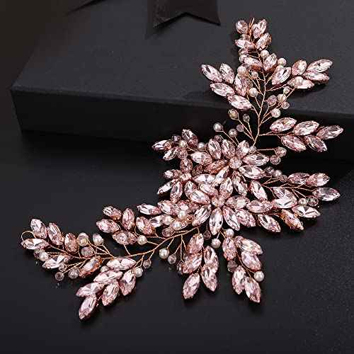 Teyglen Pink Rhinestones Pearls Crystals Large Headband Hair Vine Handmade Bridal Flower Headband Wedding Hair Accessories for Brides Hair Pieces Rose Gold Flower Girl Headpieces for Women