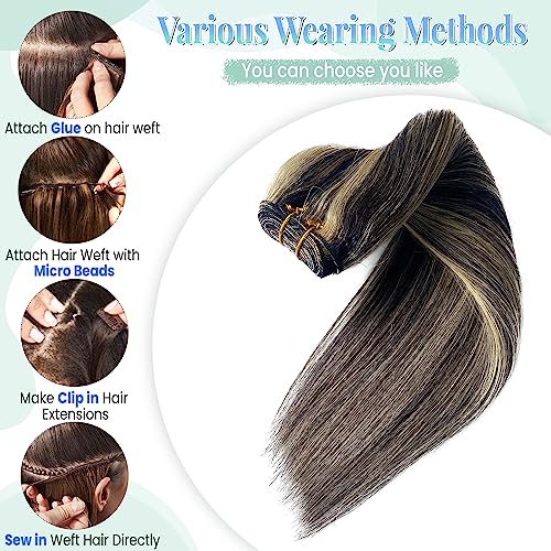 Sew in Hair Extensions Real Human Hair, 20 Inch 100G Weft Hair Extensions Human Hair Bundles Natural Black to Blonde Highlights Hair Extensions Real Human Hair Weft Weave Bundles for Women