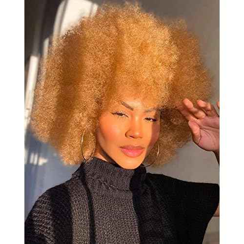 Short Afro Wig with Bangs for Black Women Afro Kinky Curly Wig 70s Premium Synthetic Big Afro Wigs(Blonde,Cap size:22.5-23inch)