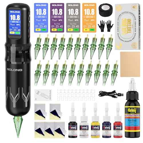 Tattoo Gun,Solong Complete Tattoo Kit with Powerful Battery, 7 Stroke Lengths, Cartridge Needles and Color Wallpaper Guide Wireless Tattoo Gun Kit for Beginners SL-TKE200A-1-USA