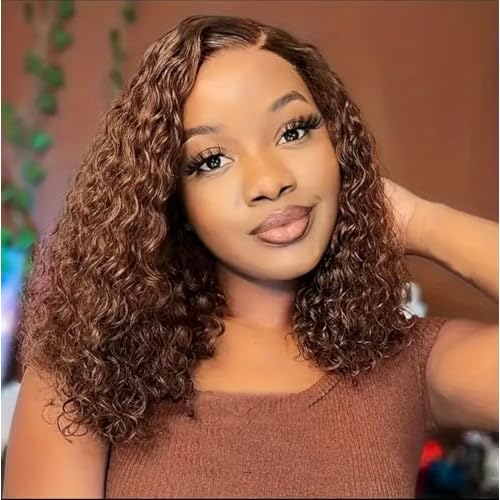 14 Inch 13x4 Chocolate Brown Lace Front Wigs Human Hair HD 4# Colored Kinky Curly Bob Dark Brown Wig Human Hair Pre Plucked for Black Women 180% Density