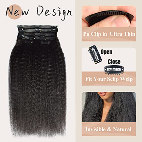 Clip in Hair Extensions Real Human Hair Clip ins Kinky Straight 100% Brazilian Virgin Hair PU Seamless Clip in Hair Extensions Human Hair for Women Natural Black 120 Gram 6 Pcs 20 Inch