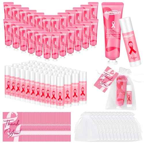 50 Sets Breast Cancer Awareness Favors Pink Ribbon Hand Cream Lip Balm with Thank You Cards Organza Bags Awareness Gifts for Women Nurse Breast Cancer Charity Event Survivor Campaign Party Favors