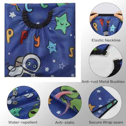 Cobahom Kids Hair Cutting Cape 47.3"¡¿31.5'' Professional Barber Cape Child Cartoon Hairdresser Apron with Adjustable Closure, Clips, Double Edge Razor,Neck Duster Brush (Spaceman, Alien)