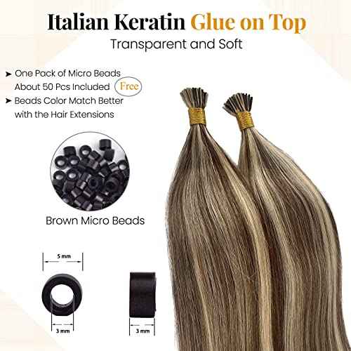 Hair Extensions Real Human Hair I Tip Extensions Bleach Blonde Highlighted Medium Brown Human Hair Extensions for Women 24 Inch Long Straight Brown and Blonde I Tips 50s 50g