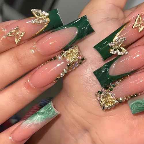 Nails Press on, Long Square Press on Nails Green French Tip Fake Nails with Glod Butterfly Charm Diamond Sparkling Design, Acrylic Artificial False Nails Press Ons Stick On Nails for Women