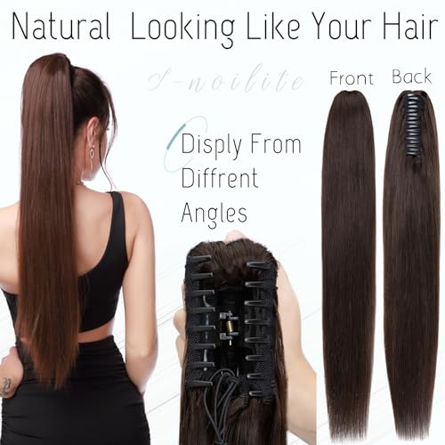 S-noilite Claw Clip Ponytail Extension Human Hair #2 Dark Brown Real Remy Human Hair Ponytail Extension 14inch Long Straight Hair Pony Tails Hair Extensions For Women 105Grams