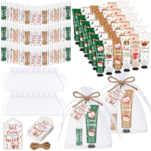 Demissle 72 Pcs Christmas Hot Cocoa Party Favors Hand Cream and Lip Balm Gifts Bulk Xmas Party Stuffers Christmas Stocking Favors Xmas Red Green Hot Cocoa Gifts Set for Baby Shower Guests