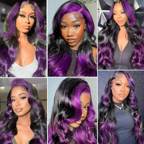 Skunk Stripe Wigs Human Hair Lace Front Purple Highlights Wig 13x4 HD Lace Front Wigs Dark Burgundy Highlight Body Wave Lace front Wig 150% Density Pre Plucked with Baby Hair 18 Inch