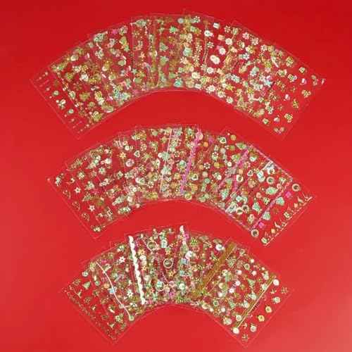 30 Sheets Christmas Nail Art Stickers Decals Set, Golden Cartoon Designs with Snowflakes, Snowmen, Trees, Reindeer, Bells, 3D Adhesive Embellishments, Shimmery Hexagonal Self-Adhesive Nail Decor