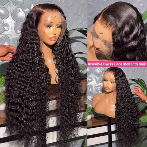 13x6 Deep Wave Lace Front Wigs Human Hair 200% Density HD Lace Frontal Wigs 12A Glueless Curly Wigs Human Hair Pre Plucked with Baby Hair Wet And Wavy Wigs for Black Women Natural Black 22 inch