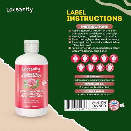 Locsanity Rosewater Peppermint 2-in-1 Shampoo and Conditioner for All Types of Dreadlocks and Hairstyles ? Moisturizing, Nourishing, and Hydrating Shampoo and Conditioner (12 fl oz)