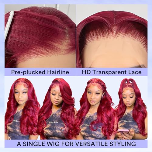 22 Inch 99j Burgundy Lace Front Wigs Human Hair 13x4 HD Red Burgundy Wig Human Hair 200% Body Wave Lace Front Wigs Pre Plucked Glueless Frontal Wigs for Women