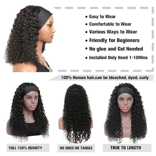 Curly Headband Wig Human Hair 20Inch Human Hair Headband Wig Glueless Wear and Go Human Hair Scarf None Lace Front Wigs 150% Density Natural Color