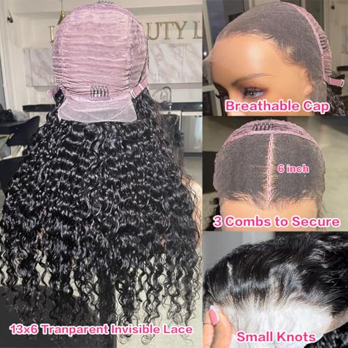 16 Inch Deep Wave Lace Front Wigs Human Hair 200 Density 13x6 HD Transparent Lace Deep Curly Lace Frontal Wigs Natural Black Curly Human Hair Wig Pre Plucked
