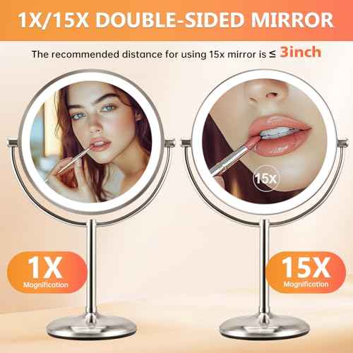 15X Lighted Makeup Mirror: 9 inch Magnifying Mirror with Lights, Make Up Mirrors Stand Up Double Sided, Rechargeable 3 Color Dimmable, Brushed Nickel