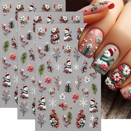Christmas Nail Art Stickers Christmas Snowman Nail Sticker 3D Self-Adhesive Snowflake Nail Decal Flower Fruit Nail Art Supplies Holiday DIY Manicure Designs Nail Decoration for Women 3Pcs