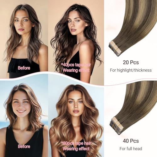 MAXITA Tape in Hair Extensions Human Hair, Balayage Chocolate Brown to Caramel Blonde, 24inch 50g 20pcs, Remy Silky Real Human Hair Extensions Thick Ends Straight Seamless Tape in Hair Extensions